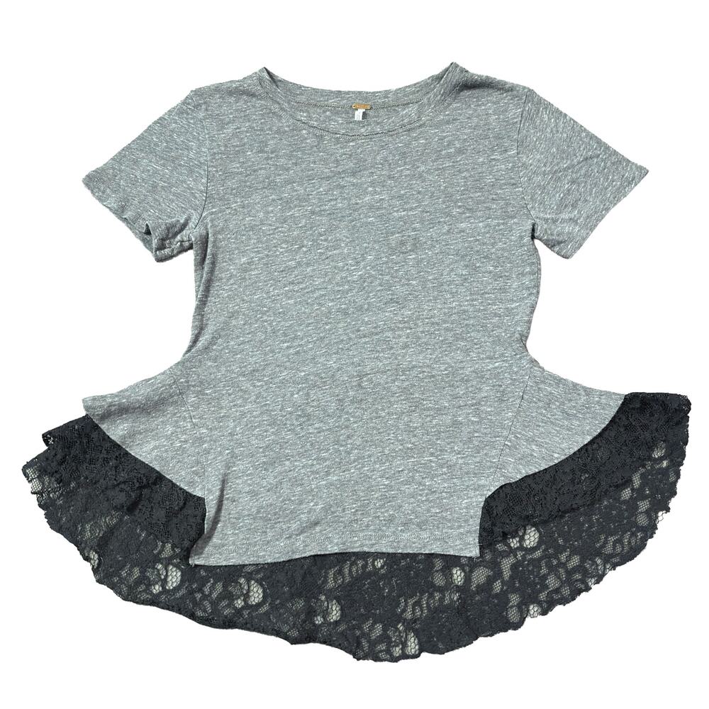 Free People Tulip Black Lace Trimmed Black Tee Size Women's XSmall